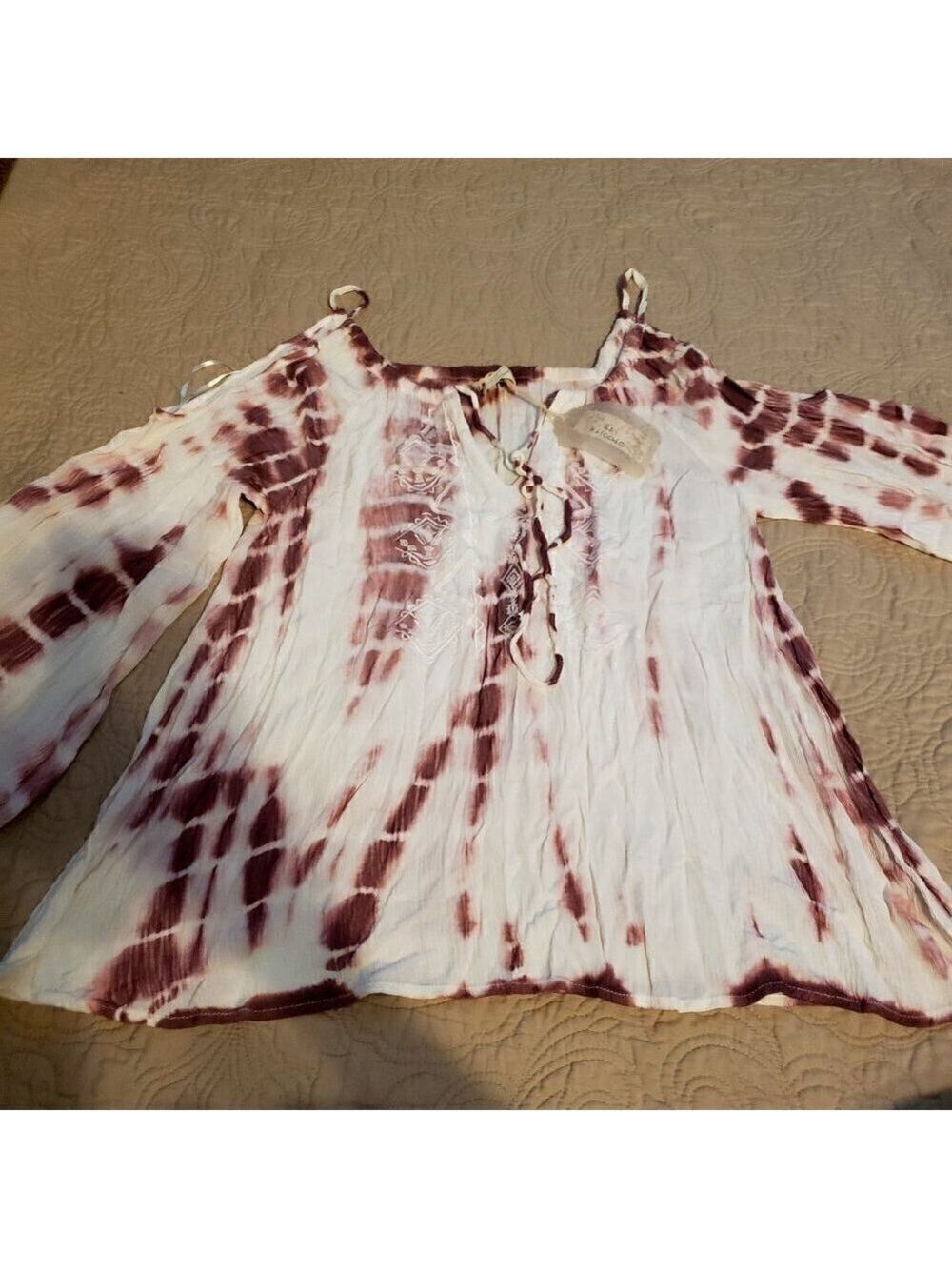 HYKU Tie Dye Cold Shoulder Belle Sleeve Top